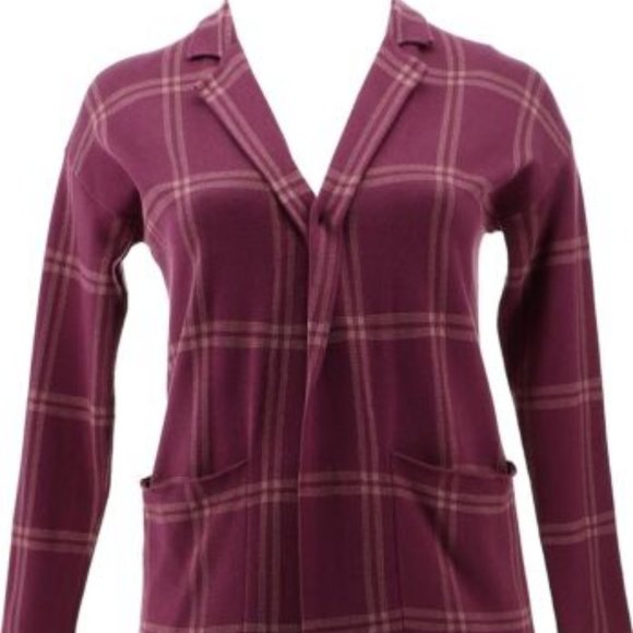 NWT G BY GIULIANA JACQUARD SWEATER KNIT DUSTER CARDIGAN WINE PLAID 2X (PETITE) - Picture 2 of 12